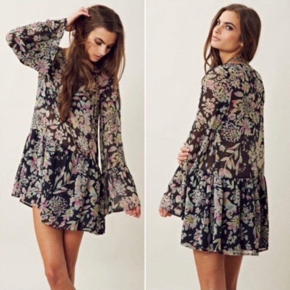 FOR LOVE AND LEMONS "DOLLED UP" RUFFLE GREEN/PINK MINI DRESS SIZE MED